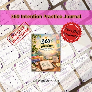 Può includere: Un diario di pratica dell'intenzione 369 con una copertina che mostra un paesaggio all'alba, una pila di libri colorati, una candela e un taccuino. Il diario è circondato da varie pagine stampabili che includono tracker e fogli di riflessione.