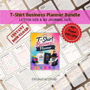 Peut inclure: Un ensemble de planificateurs commerciaux pour t-shirts, disponible en formats Lettre et A5. La couverture présente un design coloré avec un t-shirt, un carnet, une presse à chaud et d'autres articles connexes. Comprend 45+ pages en formats PDF et JPG.