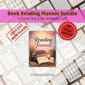 May include: A Book Reading Planner Bundle with the text "Book Reading Planner Bundle LETTER SIZE & A5 JOURNAL SIZE". The image includes a "Reading Journal" cover design, a "30 Pages PDF+JPG" badge, and various planner pages.