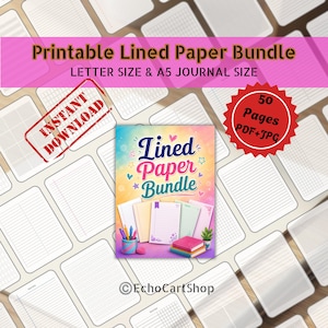 May include: A digital printable lined paper bundle featuring 50 pages in PDF and JPG formats. The cover displays the text Lined Paper Bundle with colourful stationery, pens, and a small plant. Includes letter size and A5 journal size options.