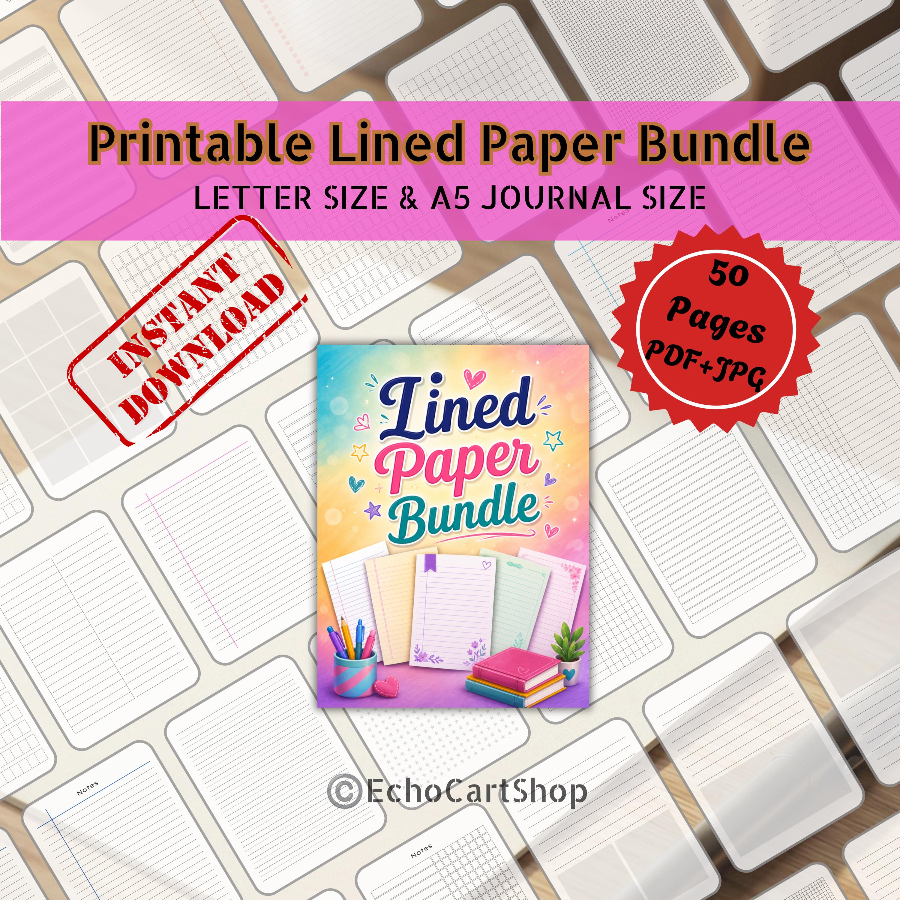 Lined Paper Bundle, Printable Notebook Lined Pages, College & Wide ...
