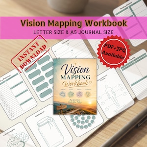 May include: A digital Vision Mapping Workbook featuring a central cover page with a sunset landscape, surrounded by various printable planner pages including a daily planner, gratitude jar, and measurement tracker with text labels.