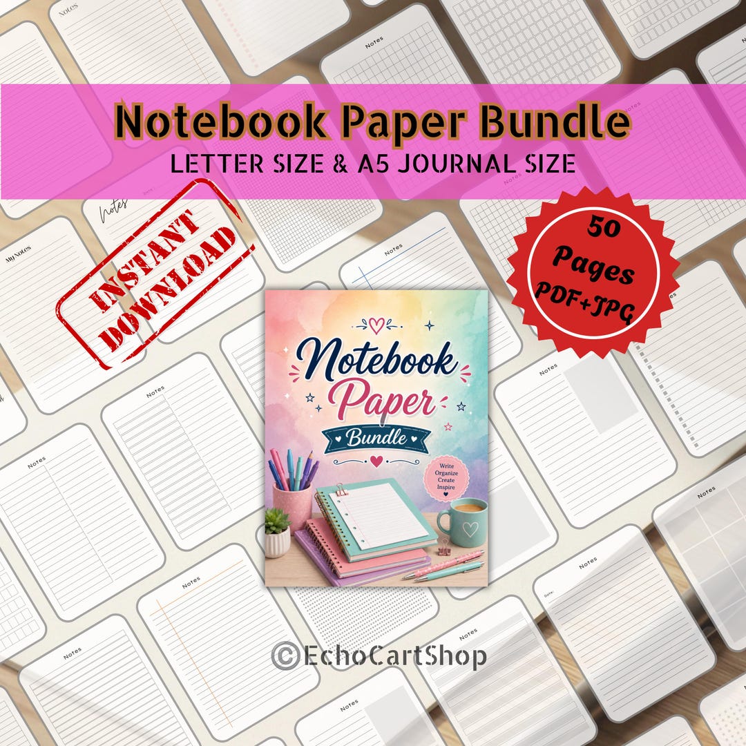 Notebook Bondle Notebook Paper Bundle, Printable Notebook Pages, College & Wide Ruled ...