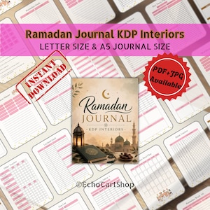 May include: A digital Ramadan journal KDP interior set featuring letter and A5 sizes. The cover displays a mosque, lantern, and book with the text Ramadan Journal KDP Interiors. The background shows various pink and white planner page templates.