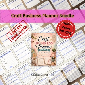 May include: A digital craft business planner bundle featuring a central cover page with floral illustrations, a notebook, and stationery, surrounded by various printable template pages. Text includes Craft Business Planner Bundle, Instant Download, and 100+ Pages PDF+JPG.