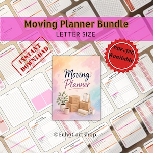 May include: A collection of moving planners with a watercolour design. The cover features the text "Moving Planner" with illustrations of moving boxes, a house, and a plant. The words "Instant Download" and "PDF+JPG Available" are also visible.