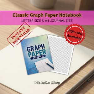 May include: A digital product listing for a Classic Graph Paper Notebook in Letter and A5 sizes. The image displays a blue cover with the text GRAPH PAPER NOTEBOOK, a grid page with a pencil, a blank grid sheet, and the text EchoCartShop.