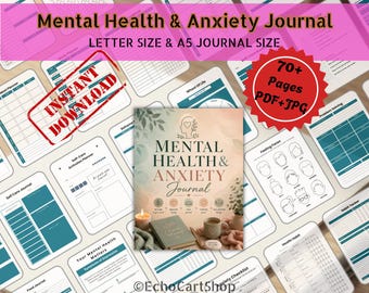 Paquete imprimible de diario de salud mental y ansiedad / Rastreador de síntomas de autocuidado / Planificador de notas de terapia / Paquete de bienestar / Descarga en PDF y JPG