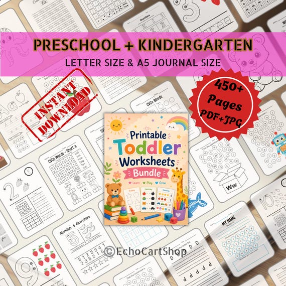 Printable Toddler Worksheets, Kindergarten Learning Bundle,Busy Book,Alphabet,Numbers,CVCE Workbook,Animals, Math Activities, Coloring pages