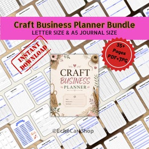 Può includere: Un pacchetto di pianificatore di attività artigianali con il testo "Craft Business Planner Bundle" e "Letter Size & A5 Journal Size". L'immagine include un pianificatore con accenti floreali, un timbro rosso "Instant Download" e un badge "35+ Pages PDF+JPG".