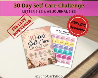 Reto de autocuidado de 30 días para imprimir / Diario de amor propio y planificador de bienestar / Páginas para diario de salud mental / Descarga en PDF y JPG