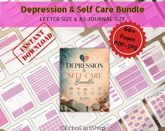 Paquete imprimible para la depresión y el autocuidado / Planificador de salud mental / Registro de estado de ánimo / Registro de medicamentos / Diario de bienestar / Reto de bienestar de 30 días