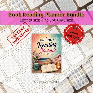 Op de afbeelding: Een bundel met een leesplanner met de tekst "Book Reading Planner Bundle" en "LETTER SIZE & A5 JOURNAL SIZE". De afbeelding bevat een leesdagboek, een mok, boeken en andere leesgerelateerde items. De afbeelding bevat ook de tekst "INSTANT DOWNLOAD" en "60 Pages PDF+JPG".