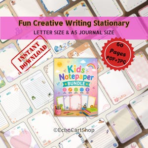 May include: A digital bundle of creative writing stationery for kids, featuring 60 pages in PDF and JPG formats. The cover displays the text Kids Notepaper BUNDLE with colorful illustrations of a sun, rainbow, and various themed writing sheets.