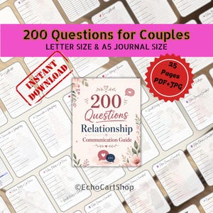 May include: A journal titled "200 Questions for Couples" with a floral design, and the text "Relationship Communication Guide." The image includes a red "Instant Download" stamp and a red circle with "25 Pages PDF+JPG."