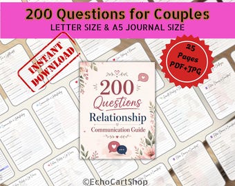 Guía de comunicación en pareja con 200 preguntas / Cuaderno de ejercicios para terapia de pareja / Descarga instantánea