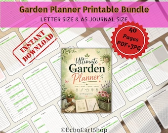 Paquete imprimible de planificador de jardín, diseño de jardinería por metro cuadrado y carpeta de rotación de cultivos, calendario mensual de cosecha, registro de plantas, inventario de semillas.