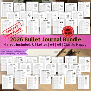 May include: A collection of printable bullet journal pages with various tracker templates. The bundle includes templates for wellness, finance, and other categories. The text on the image says "2026 Bullet Journal Bundle" and "Instant Download".