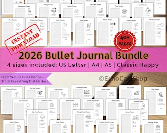 Op de afbeelding: Een bundel afdrukbare bullet journal pagina's met verschillende trackervoorbeelden. De afbeelding toont sjablonen voor welzijn, financiën en andere categorieën. De tekst op de afbeelding luidt "2026 Bullet Journal Bundle" en "Instant Download".