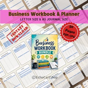 May include: A digital business workbook and planner bundle featuring a stack of five colourful books, a black mug, and a small potted plant. The cover text reads Business Workbook Bundle. The background displays various planner page templates.