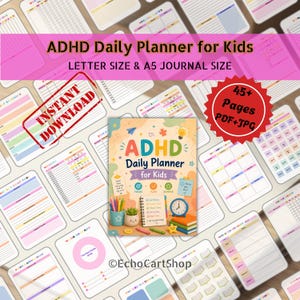 Puede incluir: Un planificador diario TDAH digital para niños con una portada colorida que muestra un cuaderno, un reloj y artículos de papelería. Incluye 45 páginas en tamaños carta y A5, con varias plantillas para horarios y seguimientos.