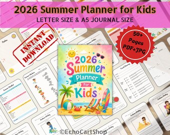 Planificador de verano 2026 para niños, actividades de vacaciones, registro de viajes, escritura de oraciones, vocabulario.
