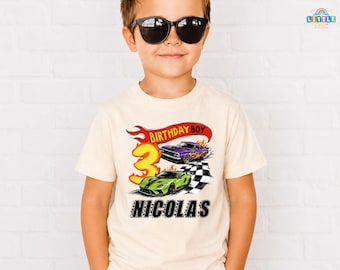 T-shirt personnalisé cadeau d'anniversaire de voiture, chemise de fête d'anniversaire de voiture, chemise de famille Bday Boy, T-shirt d'anniversaire de voiture de course, t-shirt unisexe