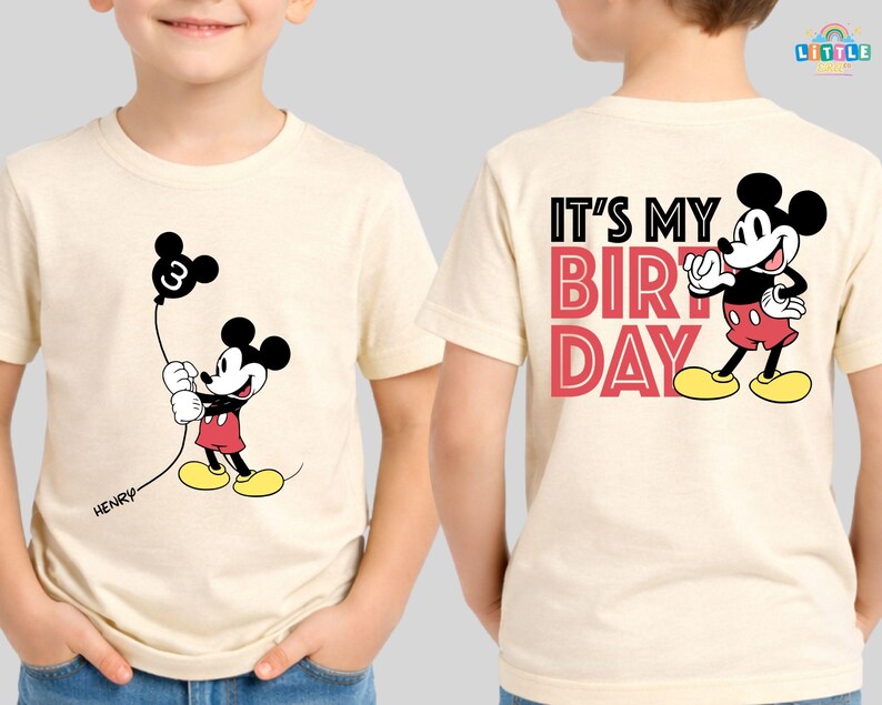 Custom Kid Toddler Name Age Mickey & Friends With Balloon Shirt, Personalized Mickey Mouse Birthday Present Gift, Disneyland Family Trip Tee Bild 3
