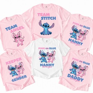 Disney Gender Reveal Party Shirt, Pink or Blue Tee, Team Stitch & Team Angel Shirt, Disneyland Baby Shower Matching Shirt image 1