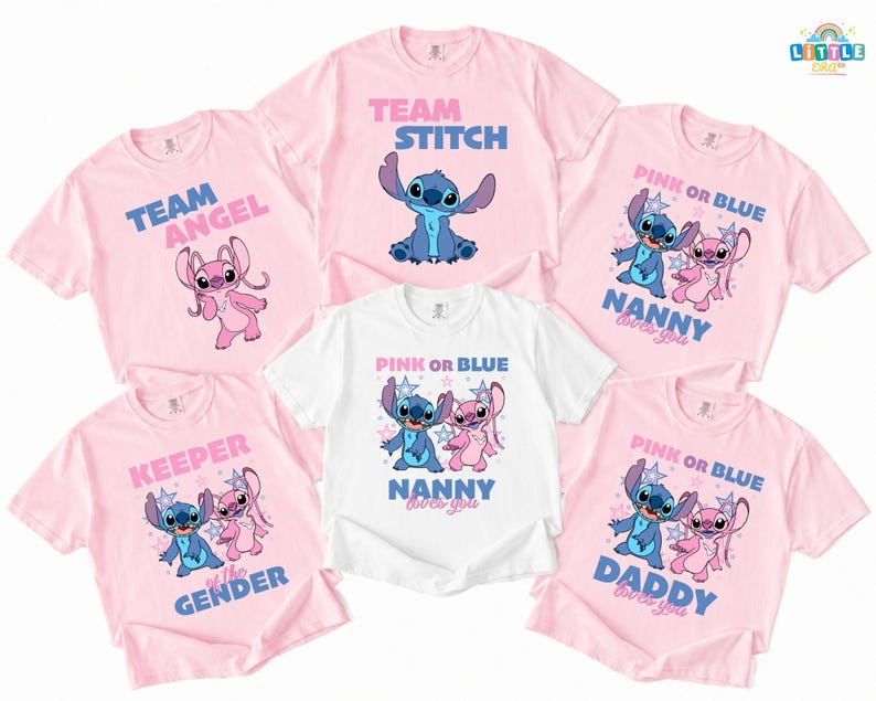 Disney Gender Reveal Party Shirt, Pink or Blue Tee, Team Stitch & Team Angel Shirt, Disneyland Baby Shower Matching Shirt image 1