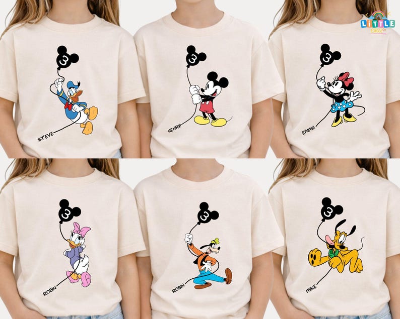 Custom Kid Toddler Name Age Mickey & Friends With Balloon Shirt, Personalized Mickey Mouse Birthday Present Gift, Disneyland Family Trip Tee Bild 1