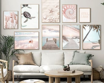 Pink Sky Hammock Shell Canvas Sunset Beach Sea Wall Art Conch Set of 3 Art Print Poster Summer Living Room Cottage Coastal Beachy Decoration