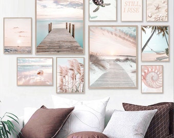 Pink Sky Hammock Shell Canvas Sunset Beach Sea Wall Art Conch Set of 3 Art Print Poster Summer Living Room Cottage Coastal Beachy Decoration