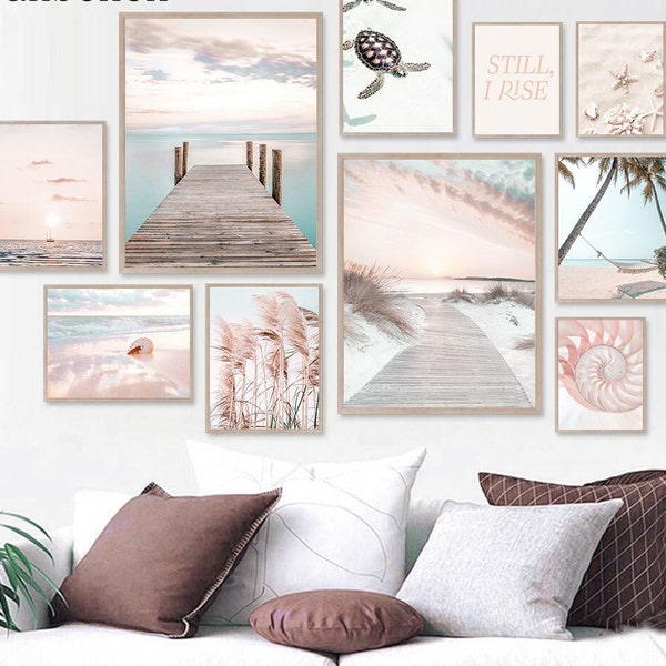 Pink Sky Hammock Shell Canvas Sunset Beach Sea Wall Art Conch Set of 3 Art Print Poster Summer Living Room Cottage Coastal Beachy Decoration