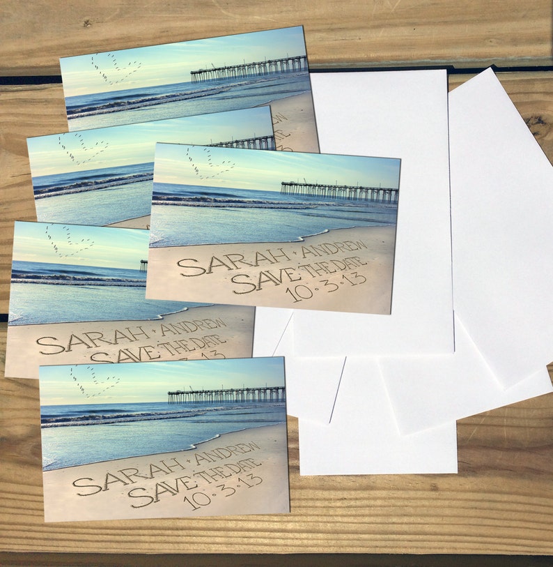 Casual Wedding Invite PELICANS IN SKY Wedding Photo cards Save-the-Date Beach Destination Personalized Names and Date Save The Date Cards