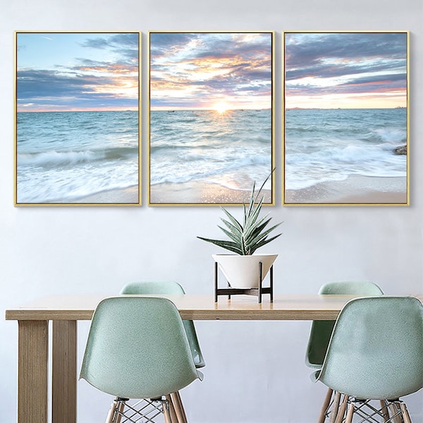 Sunrise Coastal Decorative Canvas Print Poster Blue Sea Landscape Picture Waves Painting Beach Wall Art Home Decor Living Room Coastal Photo