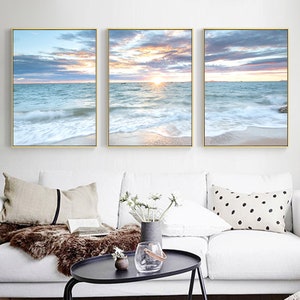 Sunrise Coastal Decorative Canvas Print Poster Blue Sea Landscape Picture Waves Painting Beach Wall Art Home Decor Living Room Coastal Photo