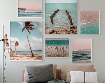 Modern Beach Landscape Posters Prints Ocean Palm Tree Reed Canvas Wall Art Decor Pastel Coastal Collection Neutral Minimalist Beach Photos