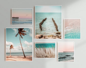 Modern Beach Landscape Posters Prints Ocean Palm Tree Reed Canvas Wall Art Decor Pastel Coastal Collection Neutral Minimalist Beach Photos