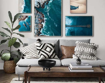 Teal Beach Wall Art Oversized Turquoise Ocean Beach Poster Large Living Room Wall Decor Photo Aerial Waves Set Contemporary Modern Poster