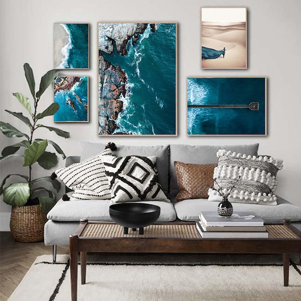 Teal Beach Wall Art Oversized Turquoise Ocean Beach Poster Large Living Room Wall Decor Photo Aerial Waves Set Contemporary Modern Poster