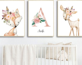 Pink Woodland Animals Nursery Canvas Prints Set of 3 Cute Monogram Girl Name Bedroom Decor Personalized Custom Wall Art Baby Animal Prints