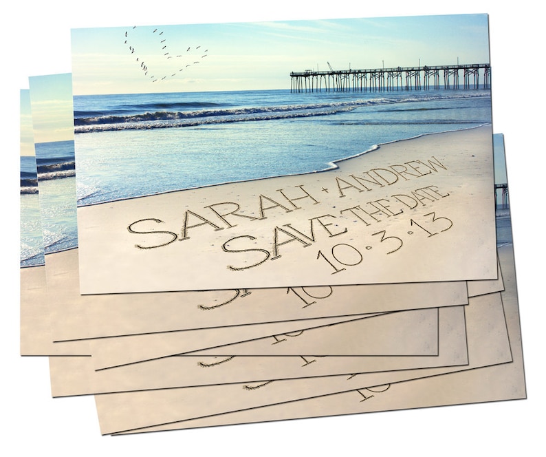 Casual Wedding Invite PELICANS IN SKY Wedding Photo cards Save-the-Date Beach Destination Personalized Names and Date Save The Date Cards