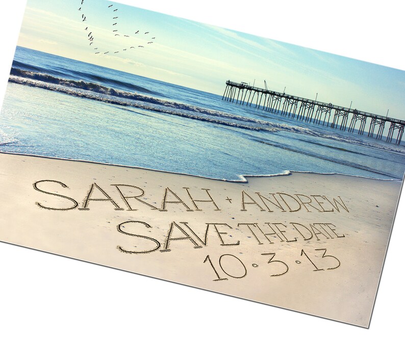 Casual Wedding Invite PELICANS IN SKY Wedding Photo cards Save-the-Date Beach Destination Personalized Names and Date Save The Date Cards