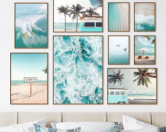 Modern Blue Seaside Scenery Art Canvas Painting Nature Beach Wall Decor Large Ocean Prints Surfing Surfers Waves Ocean Wall Hanging Photo