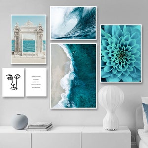 Waves Blue Flower Ocean Wall Poster Sea Beach Landscape Canvas Print Nordic Painting Scandinavian Art Room Decor Picture Tropical Coastal