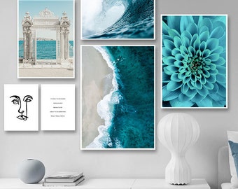 Waves Blue Flower Ocean Wall Poster Sea Beach Landscape Canvas Print Nordic Painting Scandinavian Art Room Decor Picture Tropical Coastal