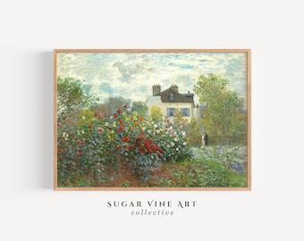 Vintage Cottage Landscape Painting: 1900s Floral Garden (Digital Download)