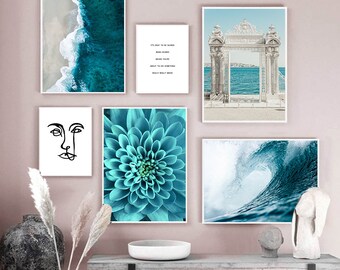 Waves Blue Flower Ocean Wall Poster Sea Beach Landscape Canvas Print Nordic Painting Scandinavian Art Room Decor Picture Tropical Coastal