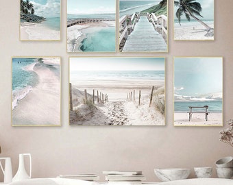 Beach Scenery Canvas Set of 3 Posters Palm Tree Wall Art Print Art Canvas Large Ocean Surf Prints Waves Ocean Wall Hanging Photo Posters